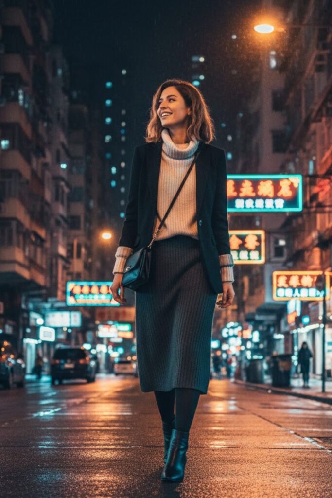 7. Blazer with Knit Top and Straight Midi Dress