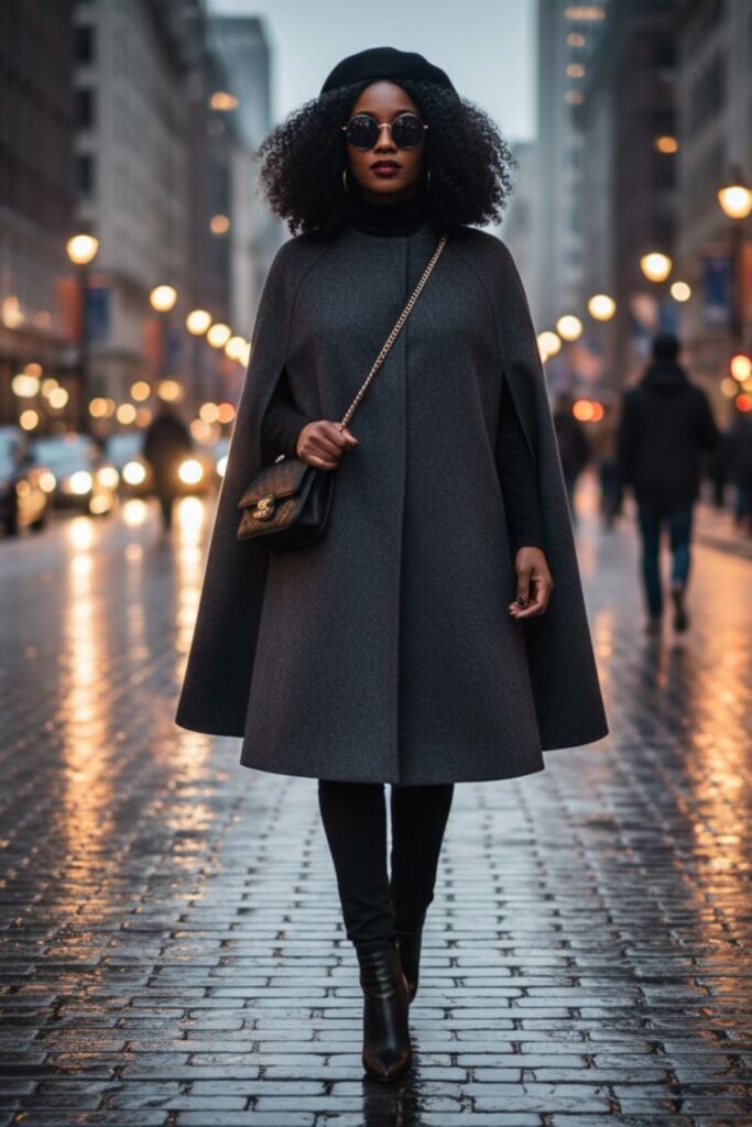 7. Cape Coat with Skinny Jeans and Heeled Boots