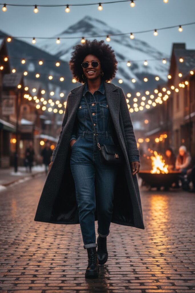 7. Denim Jumpsuit with Longline Coat