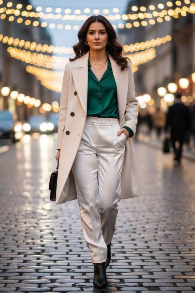 7. Double-Breasted Wool Coat, Satin Blouse, and White Satin Trousers