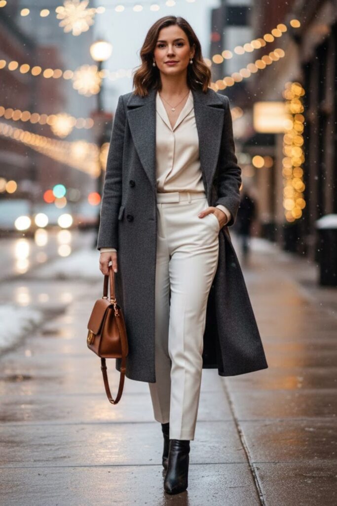 7. Double-Breasted Wool Coat, Silk Blouse, and White Trousers
