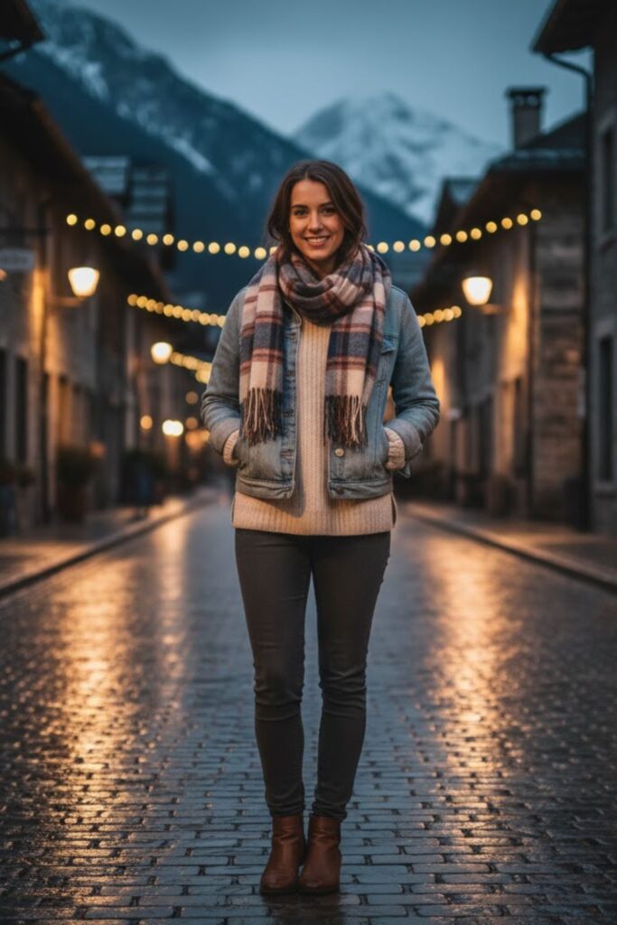 7. Knit Pullover with Denim Jacket and Stretch Pants