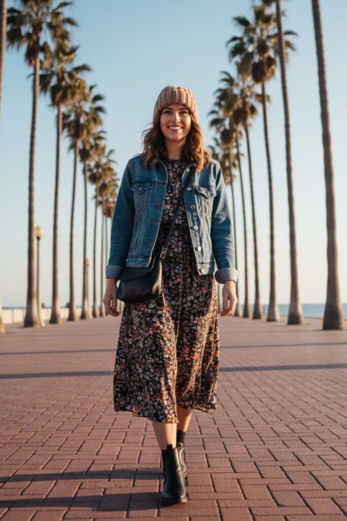7. Long-Sleeve Midi Dress with Denim Jacket and Chelsea Boots