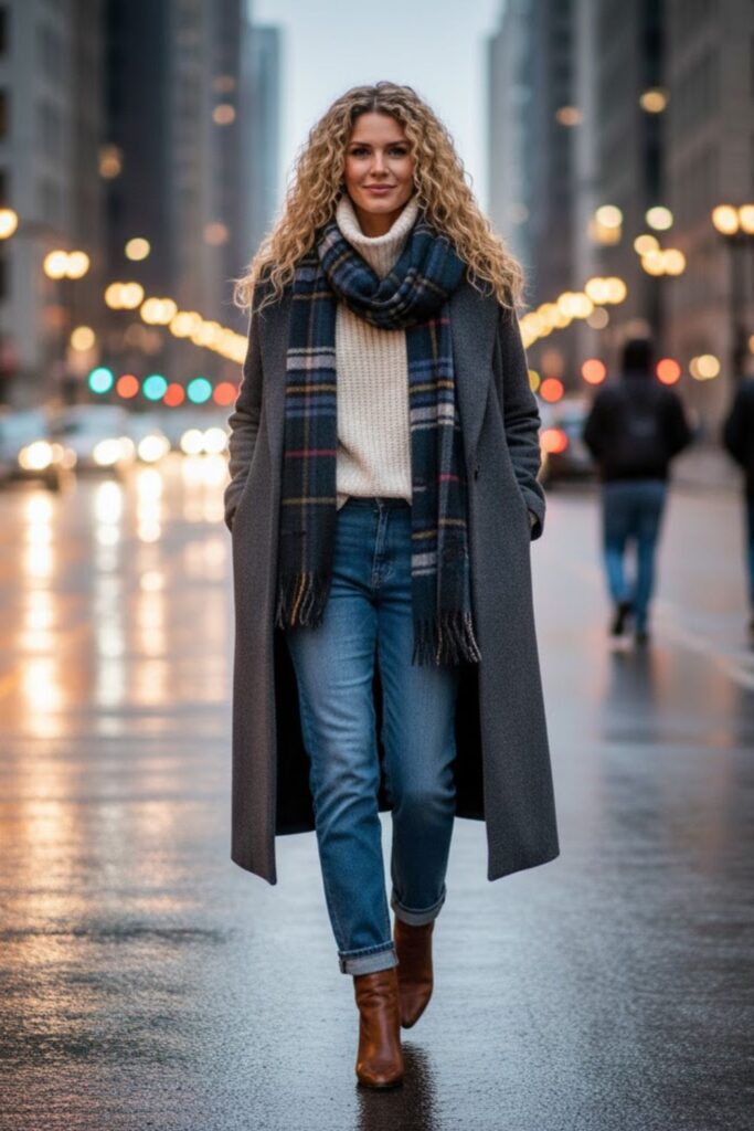 7. Oversized Sweater with Jeans and Longline Coat