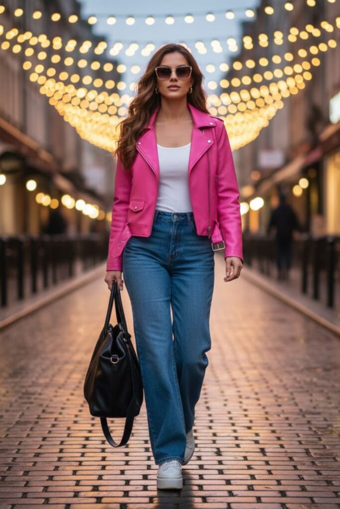 7. Pink Leather Jacket With Wide-Leg Jeans