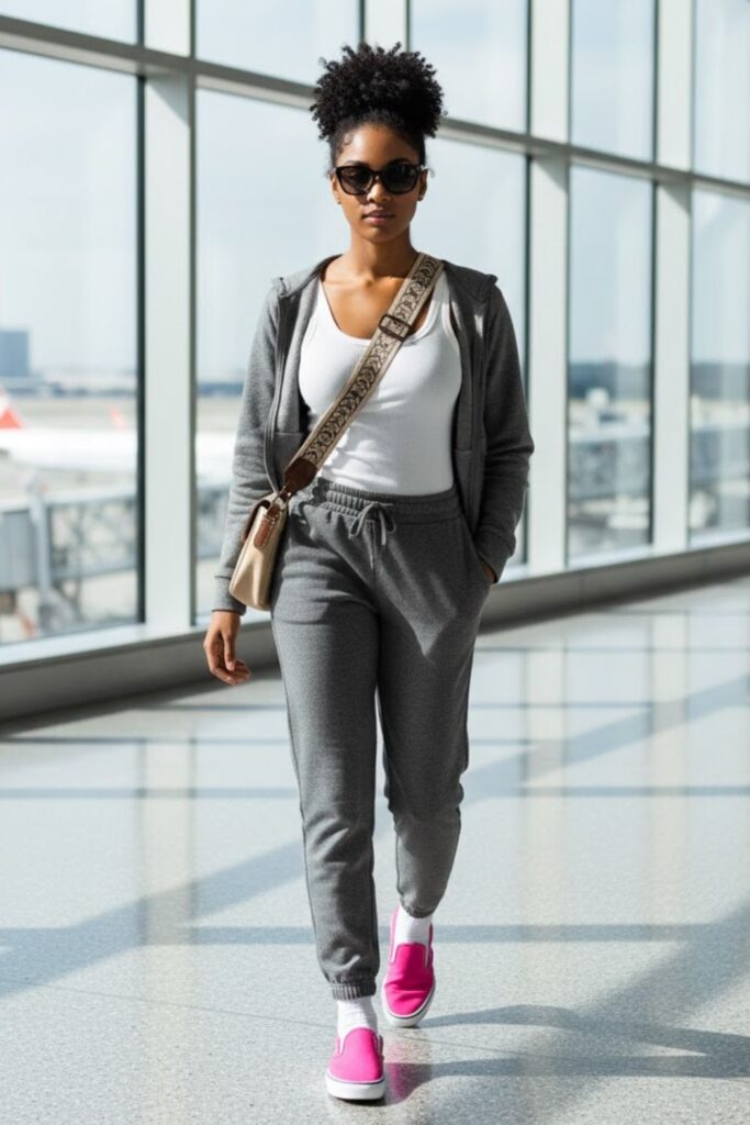 7. Pink Vans with Joggers and a Zip-Up Hoodie
