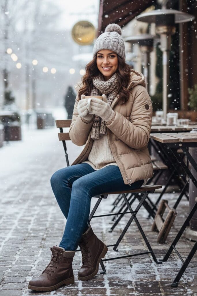 7. Puffer Jacket with Sweater and Jeans