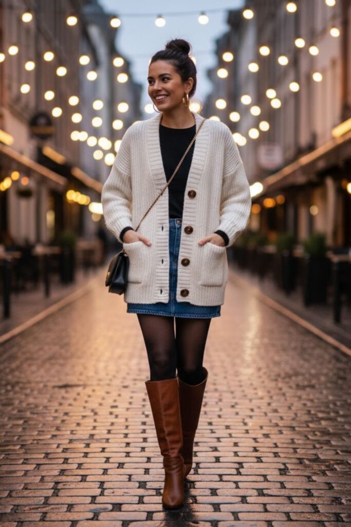 7. White Cardigan with a Denim Skirt and Knee-High Boots
