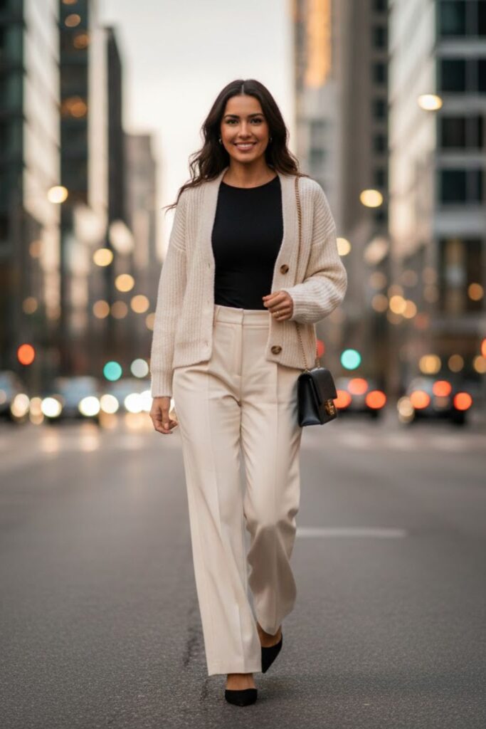 7. White Knitted Cardigan with Wide-Leg Trousers