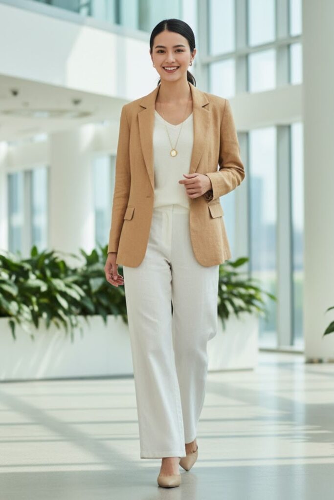 7. White Linen Trousers with a Neutral Blazer
