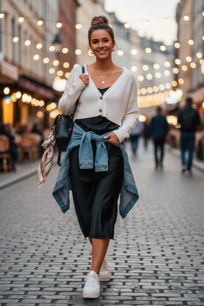 8. White Cropped Cardigan as a Layer Over a Slip Dress with Sneakers