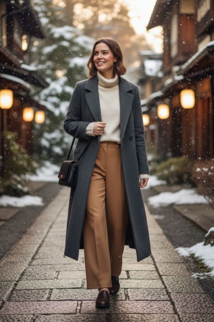 7. Wool Turtleneck with Long Coat and Wide-Leg Pants