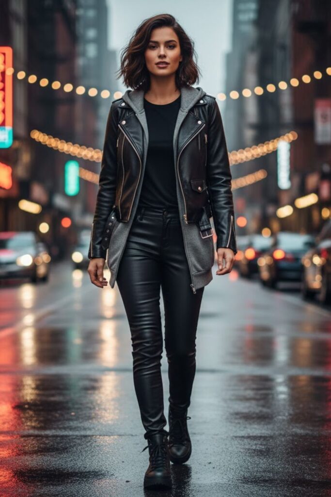 7. Zip-Up Hoodie Under a Leather Biker Jacket