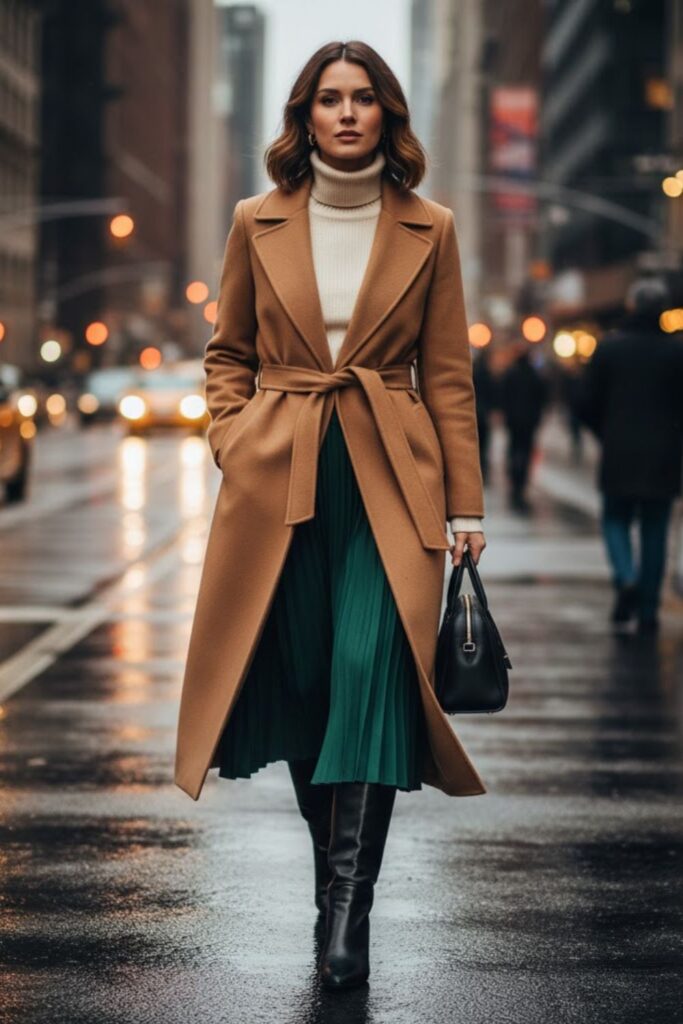 8. Belted Coat with Midi Skirt and Sweater