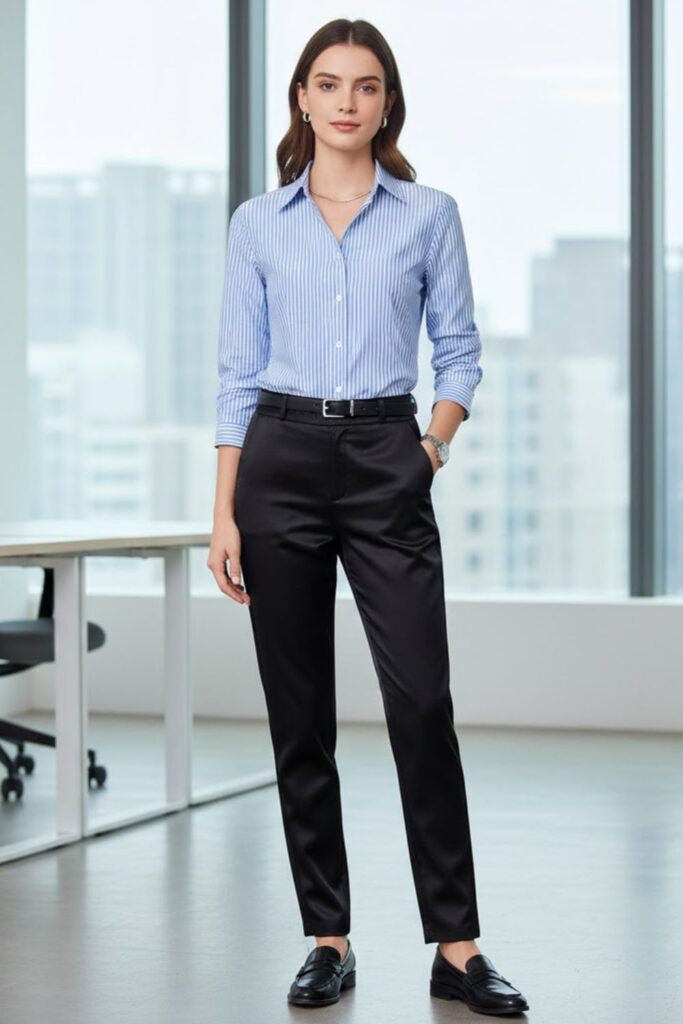 8. Black Satin Trousers with a Tucked-in Button-Down Shirt