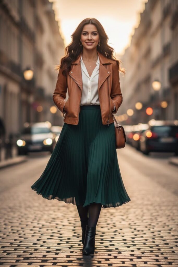 8. Brown Leather Jacket with Pleated Skirt