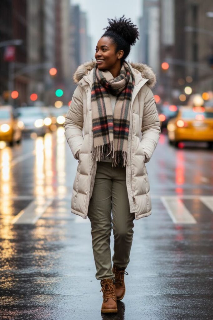 8. Down Parka with Plaid Scarf and Cargo Pants