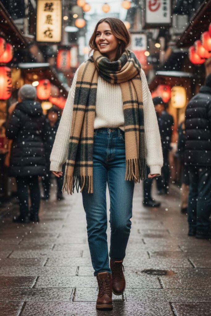8. Heavy Sweater with Scarf and High-Rise Jeans