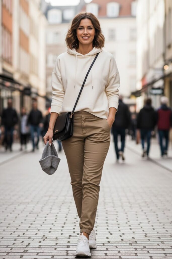 8. Khaki Trousers with a Hoodie and Sneakers