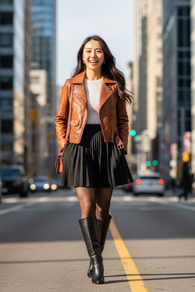 8. Leather Jacket with Pleated Mini Skirt