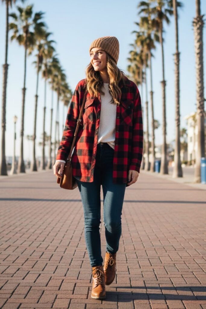 8. Oversized Flannel Shirt with Thermal Tee and Skinny Jeans