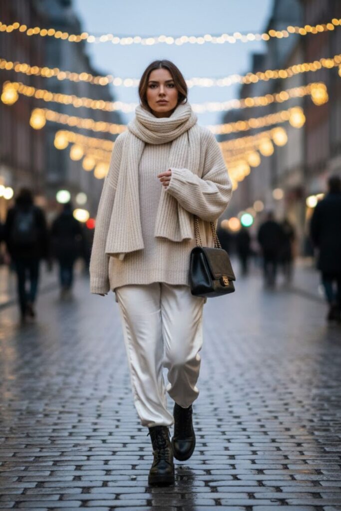 8. Oversized Knit Jumper with White Satin Trousers and Chunky Boots