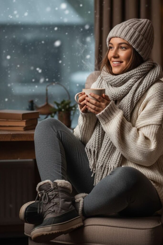 8. Oversized Sweater with Leggings and Snow Boots