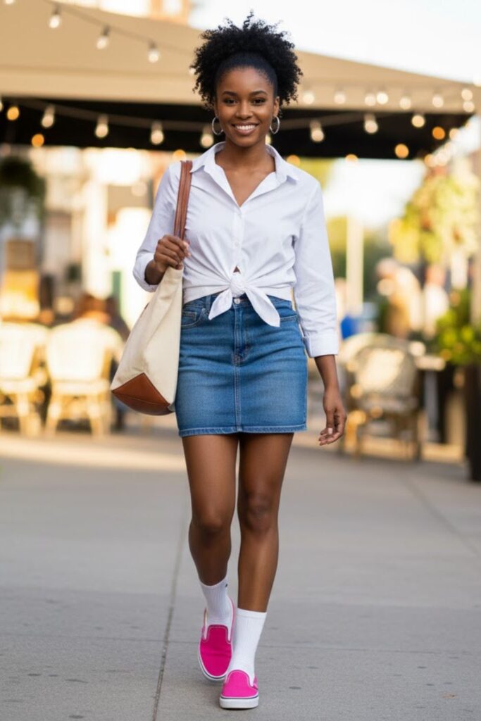 8. Pink Vans with a Denim Skirt and Button-Up Shirt