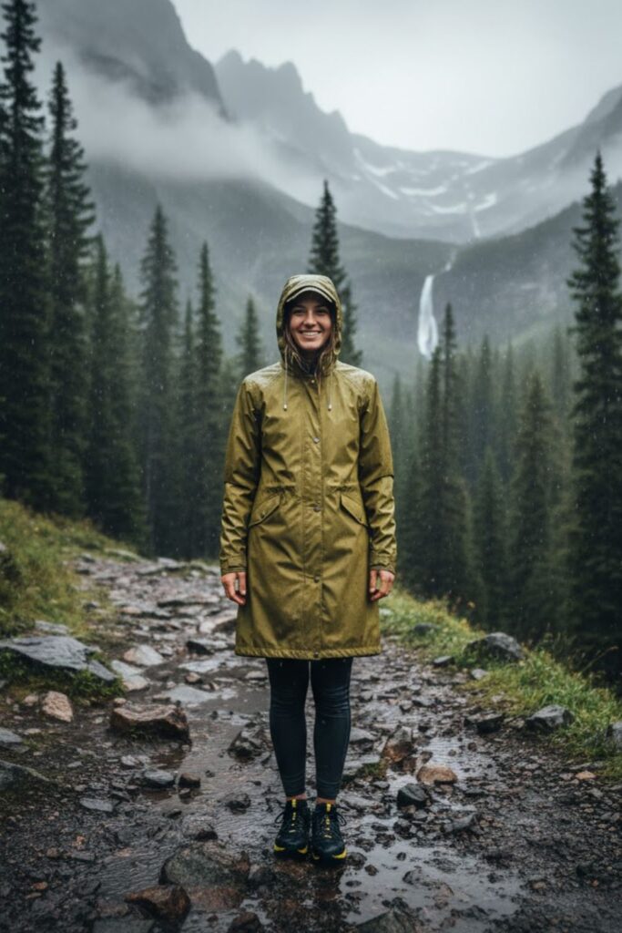 8. Raincoat with Hiking Leggings and Waterproof Sneakers