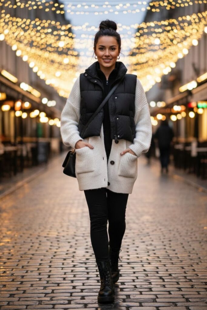 8. White Cardigan with a Puffer Vest and Leggings