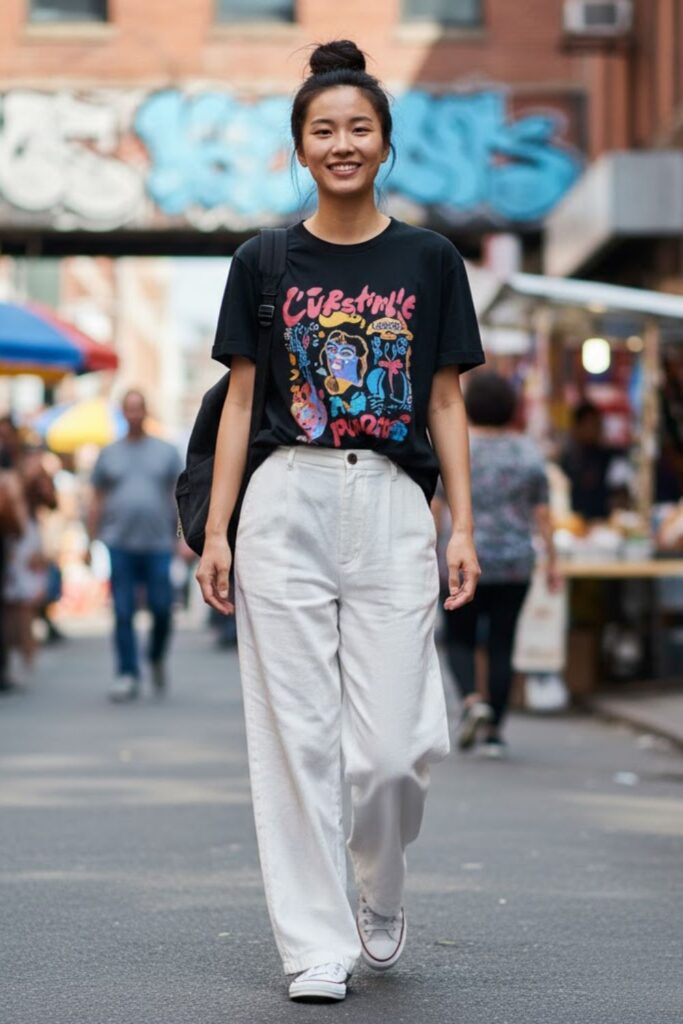8. White Linen Trousers with a Graphic Tee