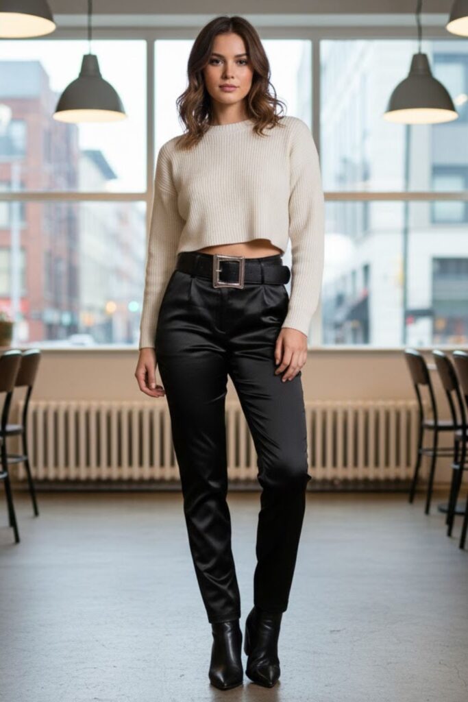 9. Black Satin Trousers with a Cropped Sweater and Statement Belt