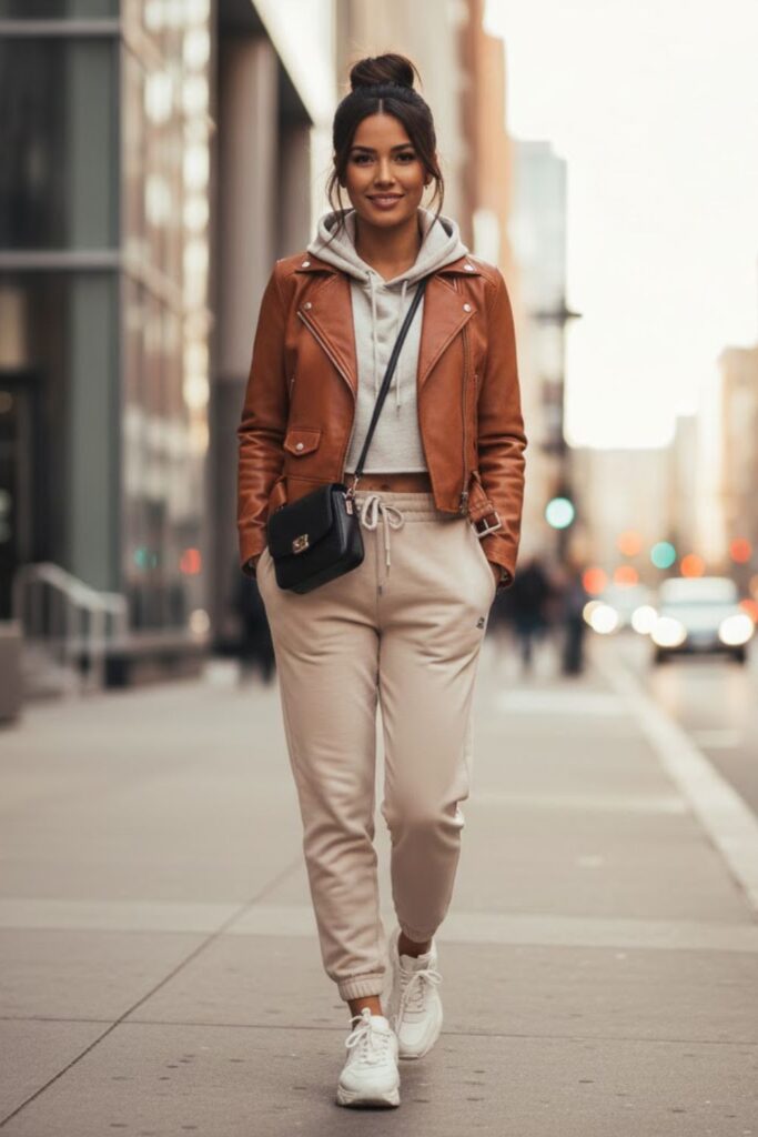 9. Brown Leather Jacket with Joggers