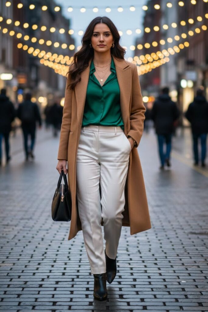 9. Camel Coat with Satin Blouse and White Satin Trousers