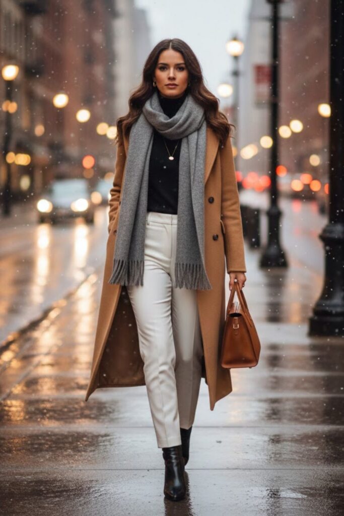9. Camel Coat with Turtleneck and White Trousers