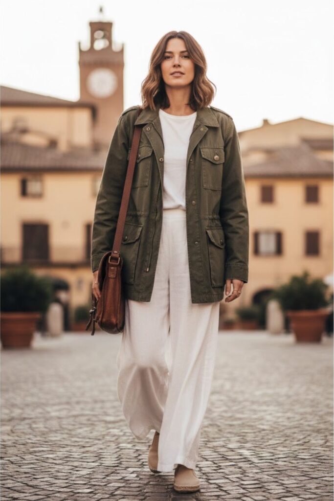 9. Casual White Trousers with a Utility Jacket
