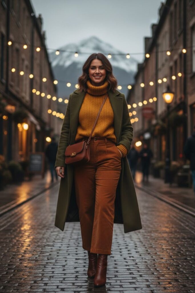 9. Corduroy Pants with Sweater and Coat