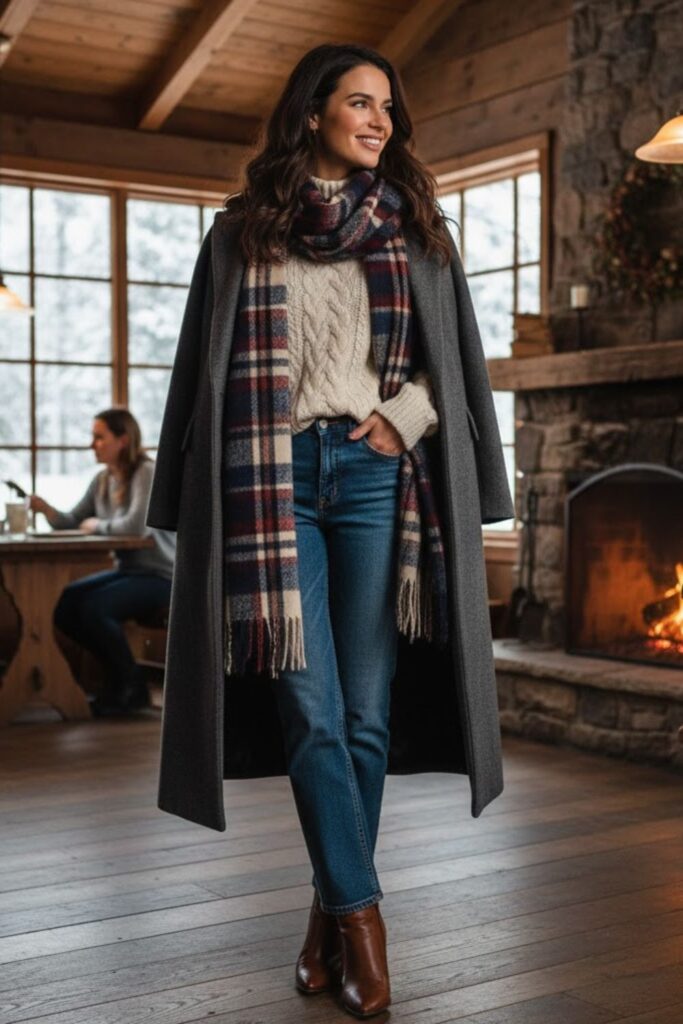 9. Denim Jeans with Long Coat and Scarf