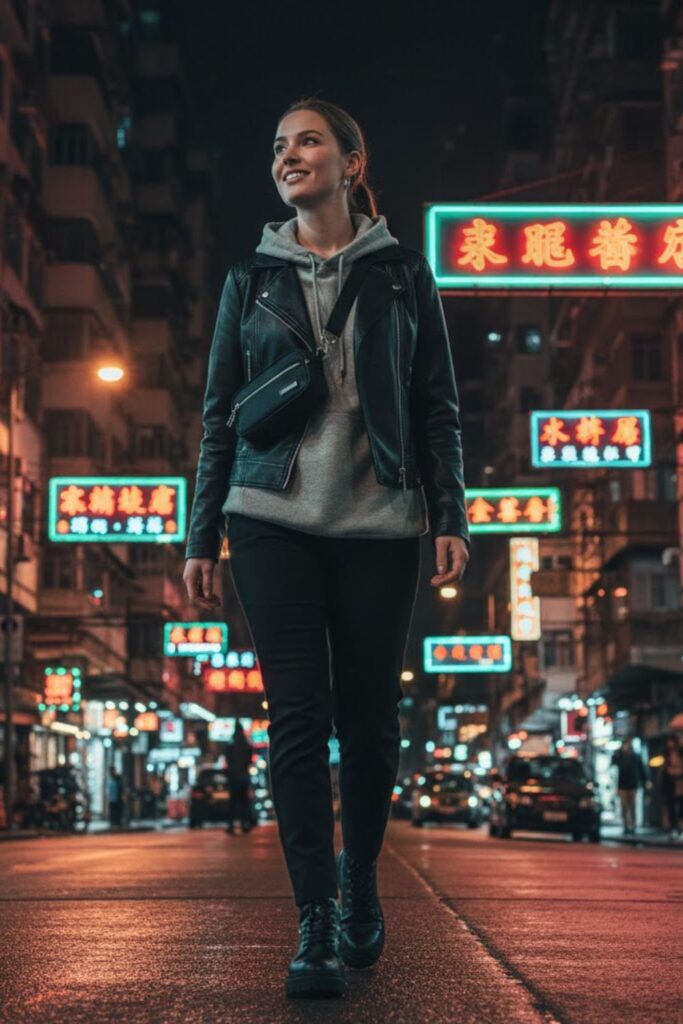 9. Faux Leather Jacket with Hoodie and Black Trousers