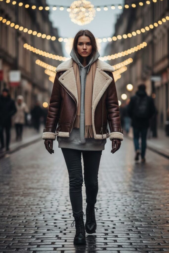 9. Hoodie Layered with an Aviator Leather Jacket