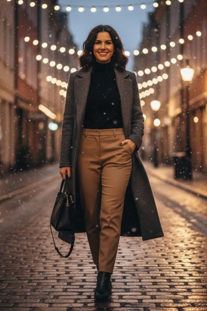 9. Khaki Trousers with a Long Coat