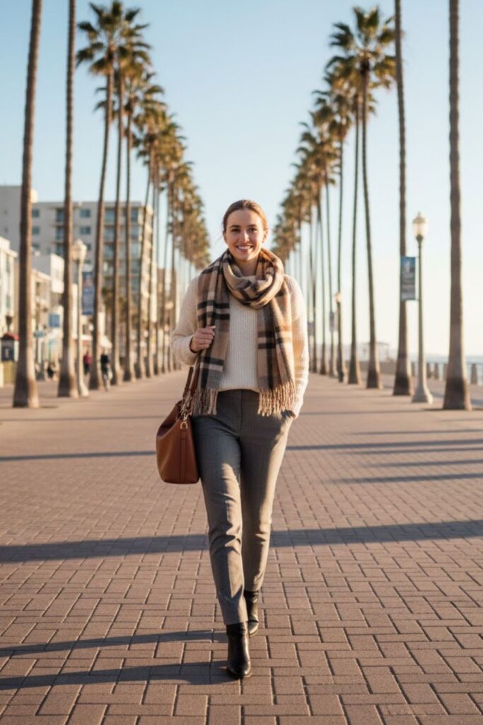 9. Layered Crewneck Sweater with Plaid Scarf and Slim Trousers