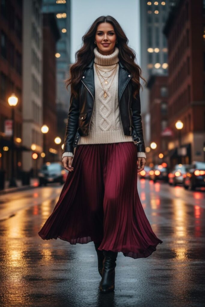 9. Leather Jacket with Sweater and Maxi Skirt