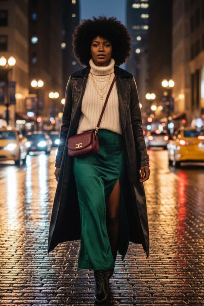 9. Leather Trench with Sweater and Maxi Dress