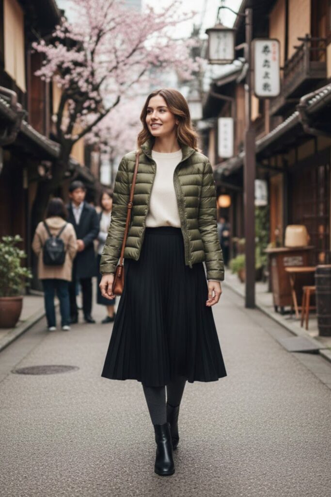 9. Lightweight Puffer with Long-Sleeve Tee and Skirt