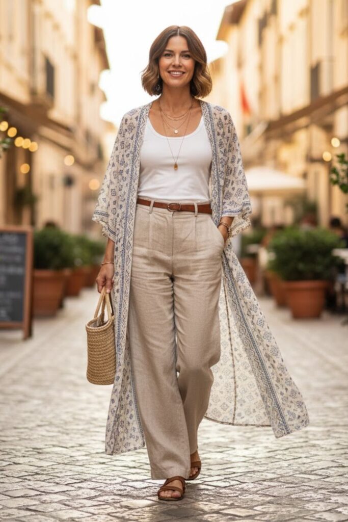 9. Linen Trousers with a Kimono or Long Cardigan