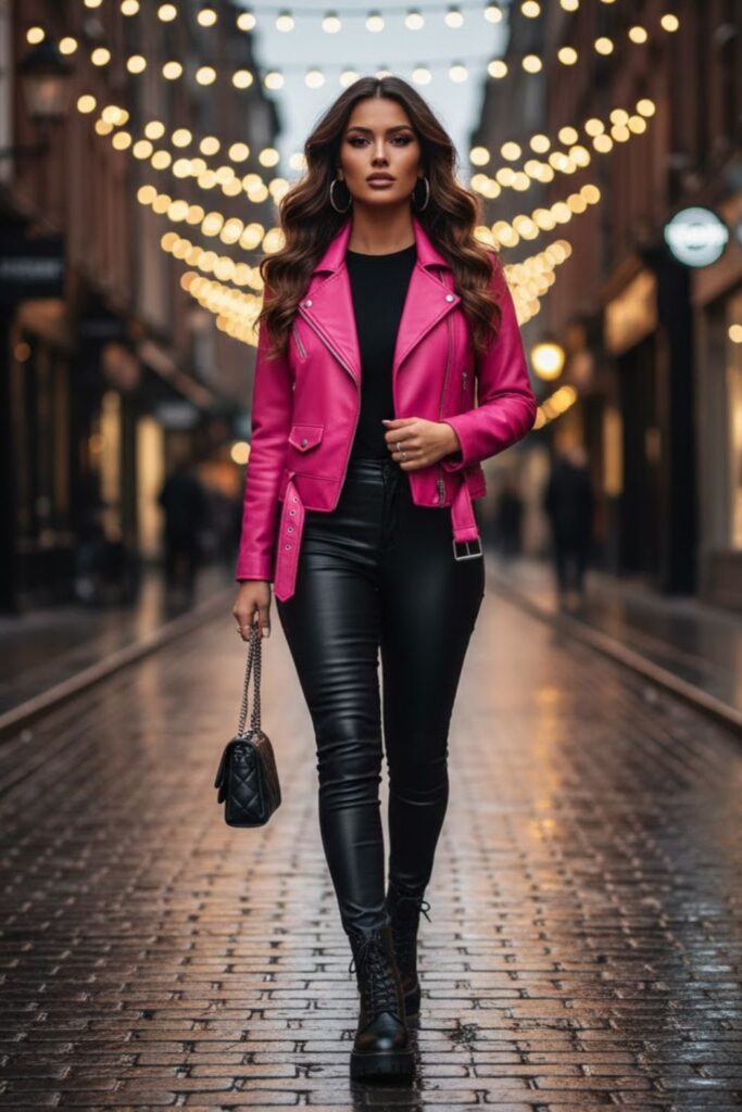 9. Pink Leather Jacket With Leather Pants