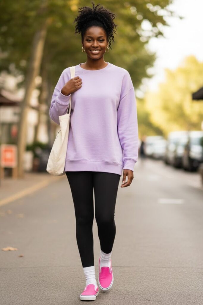 9. Pink Vans with Leggings and an Oversized Crewneck