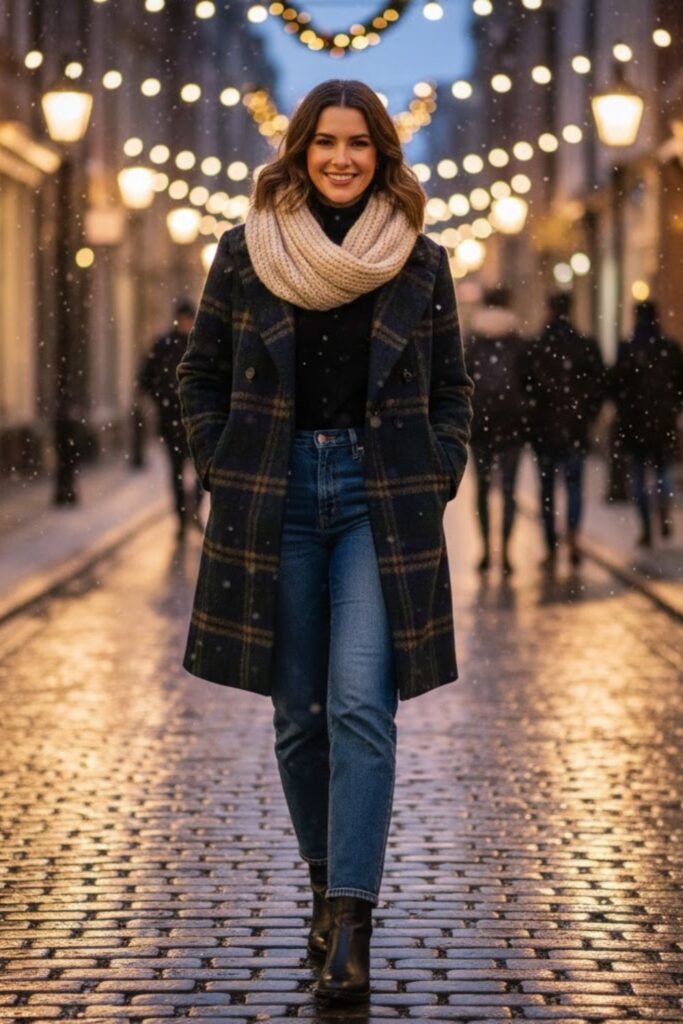 9. Plaid Coat with Straight-Leg Jeans and Chelsea Boots