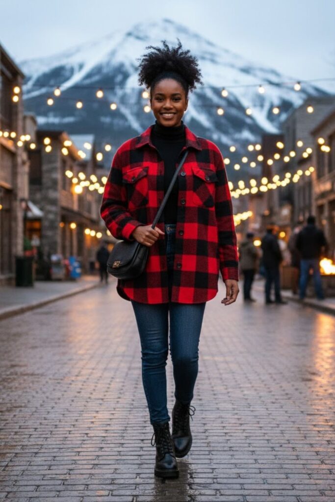 9. Plaid Shacket with Skinny Jeans and Combat Boots